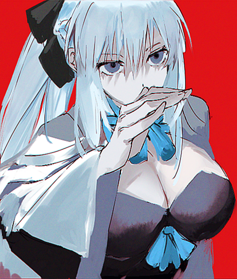 1girl black_bow blue_eyes bow fate/grand_order fate_(series) hair_between_eyes hair_bow looking_at_viewer morgan_le_fay_(fate) morgan_le_fay_(first_ascension)_(fate) ponytail solo ss_un17 white_hair