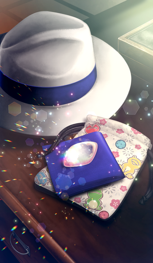 animal_print blue_ribbon commentary fate/grand_order fate_(series) fedora frog_print gem hat hat_ribbon hayosena light_particles no_humans non-circular_lens_flare object_focus official_art pouch ribbon scales still_life third-party_source unworn_hat unworn_headwear white_gemstone white_hat