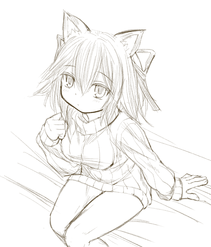1girl animal_ears breasts cat_ears character_request dress female_focus greyscale hair_ribbon kasuga_yukihito long_hair looking_at_viewer medium_breasts monochrome ribbed_dress ribbon short_dress sitting solo sweater sweater_dress turtleneck