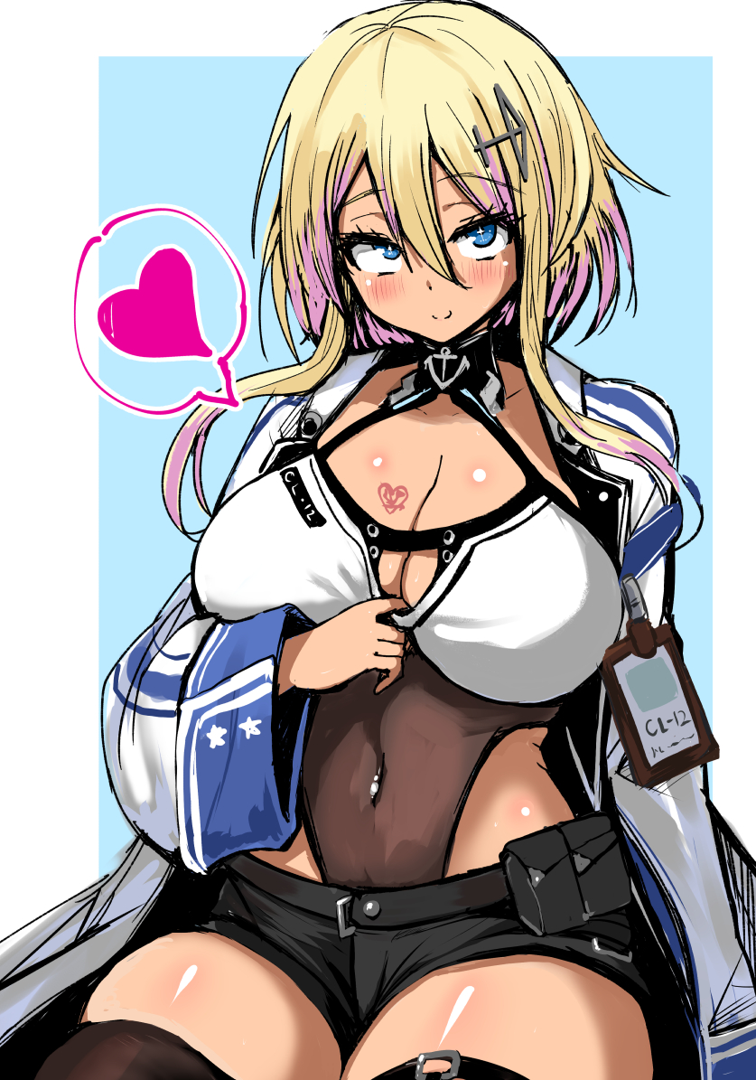+_+ 1girl anchor_choker azur_lane bazooka_cat blonde_hair breast_tattoo breasts cleavage cleavage_cutout clothing_cutout coat dark-skinned_female dark_skin female_focus gyaru id_card large_breasts leotard leotard_under_clothes looking_at_viewer marblehead_(azur_lane) navel_piercing piercing short_hair_with_long_locks solo tan tattoo white_coat