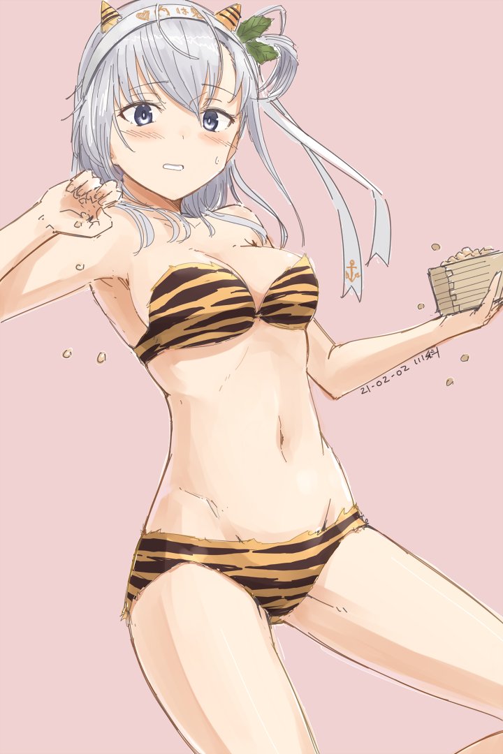 1girl alternate_costume anchor_symbol animal_print beans bikini blush breasts cleavage clothes_writing dated grey_eyes hachimaki hair_between_eyes hair_ornament headband holding horns kantai_collection kawashina_(momen_silicon) leaf_hair_ornament long_hair mamemaki masu medium_breasts one_side_up oni oni_horns pink_background setsubun signature silver_hair simple_background solo suzutsuki_(kancolle) sweat swimsuit tiger_print