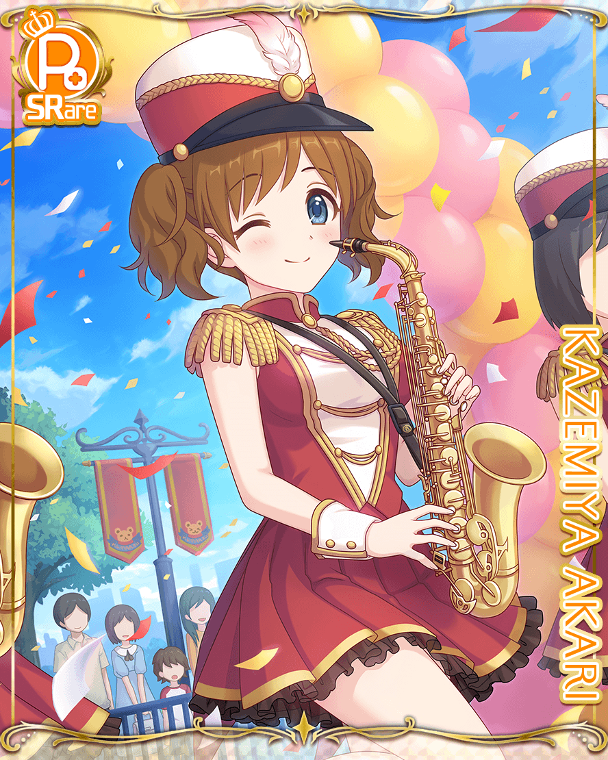 1girl akari_(princess_connect!) akari_(real)_(princess_connect!) blue_eyes brown_hair card_(medium) character_name cygames holding_instrument holding_saxophone instrument marching_band official_art one_eye_closed people princess_connect! saxophone split_mouth two_side_up