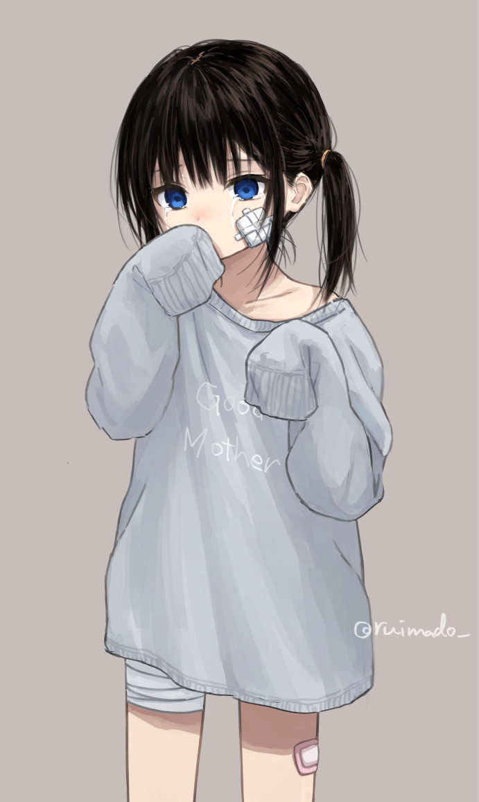 1girl bandaged_leg bandages bandaid bandaid_on_cheek bandaid_on_face bandaid_on_leg black_hair blue_eyes blush clothes_writing cowboy_shot crying grey_background long_hair long_sleeves original oversized_clothes ruimado sleeves_past_fingers sleeves_past_wrists solo sweater tears twintails