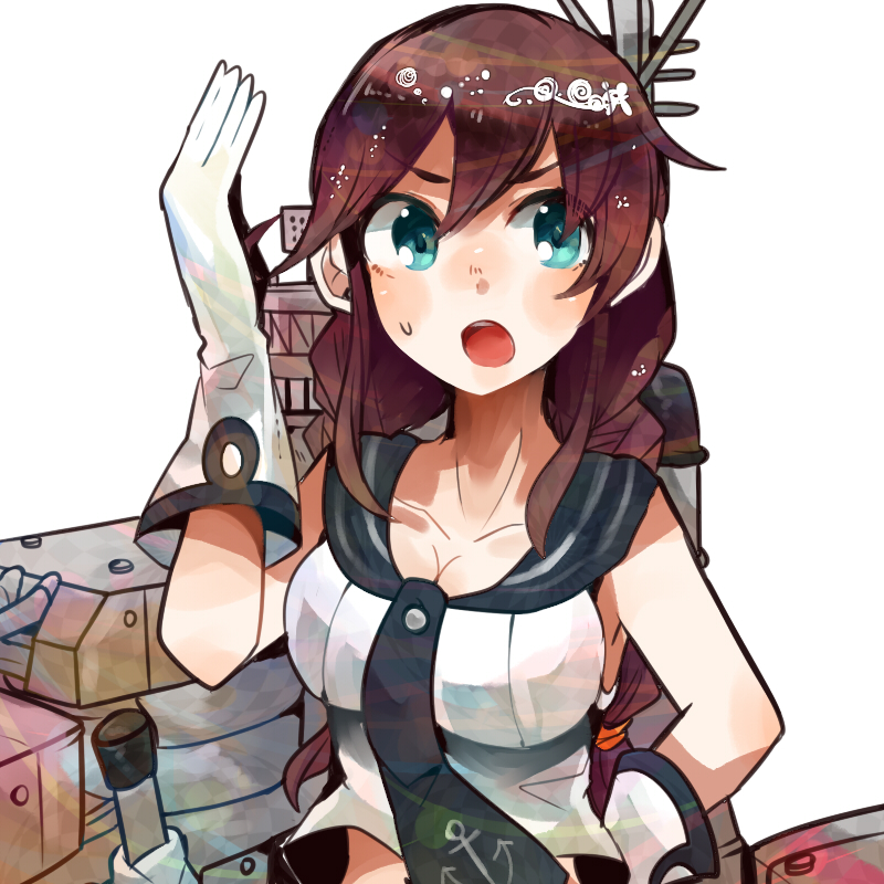 1girl blouse braid breasts brown_hair cannon gloves green_eyes itomugi-kun kantai_collection large_breasts long_hair navel noshiro_(kancolle) open_mouth radar ship_turret shirt solo twin_braids white_gloves