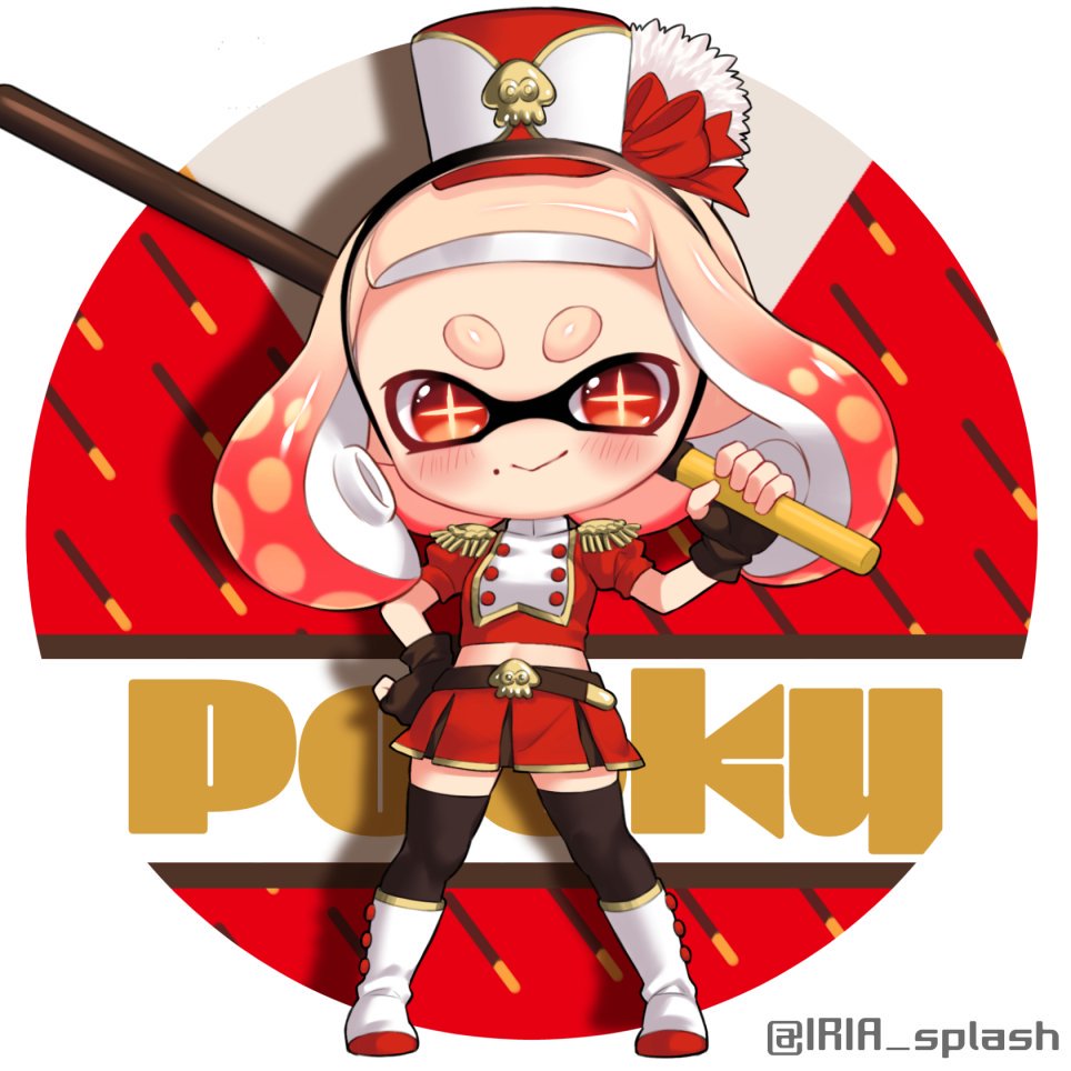 1girl alternate_costume artist_name band_uniform belt black_belt black_gloves black_thighhighs blonde_hair blush boots bow chibi chibi_only closed_mouth commentary_request cropped_jacket cross-shaped_pupils epaulettes fingerless_gloves food full_body gloves gradient_hair hair_bow hand_on_own_hip hat holding holding_food inkling iria_(yumeirokingyo) jacket looking_at_viewer medium_hair midriff mole mole_under_mouth multicolored_hair nintendo outside_border oversized_food oversized_object pearl_(splatoon) pleated_skirt pocky profile_picture puffy_short_sleeves puffy_sleeves red_bow red_eyes red_hair red_jacket red_skirt round_image shako_cap short_bangs short_sleeves skirt smile solo splatoon_(series) splatoon_2 standing symbol-shaped_pupils tentacle_hair thick_eyebrows thighhighs two-tone_hair v-shaped_eyebrows white_boots white_hat