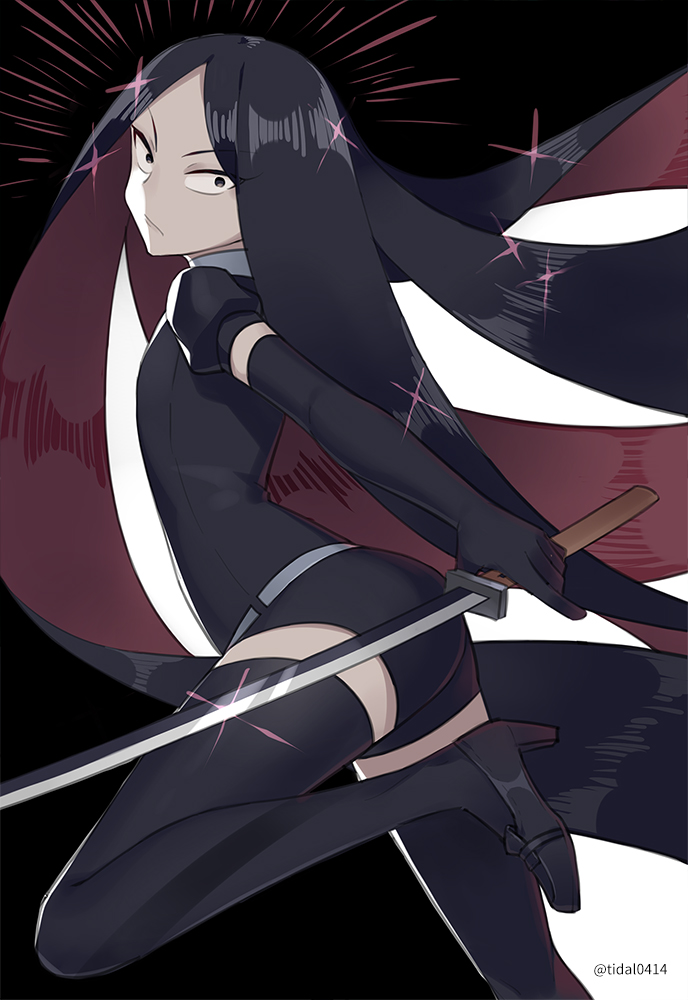 1other androgynous black_eyes black_hair bort elbow_gloves gem_uniform_(houseki_no_kuni) gloves houseki_no_kuni long_hair looking_at_viewer multicolored_hair nashi_(tidal0414) shorts solo sparkle sword thighhighs very_long_hair weapon