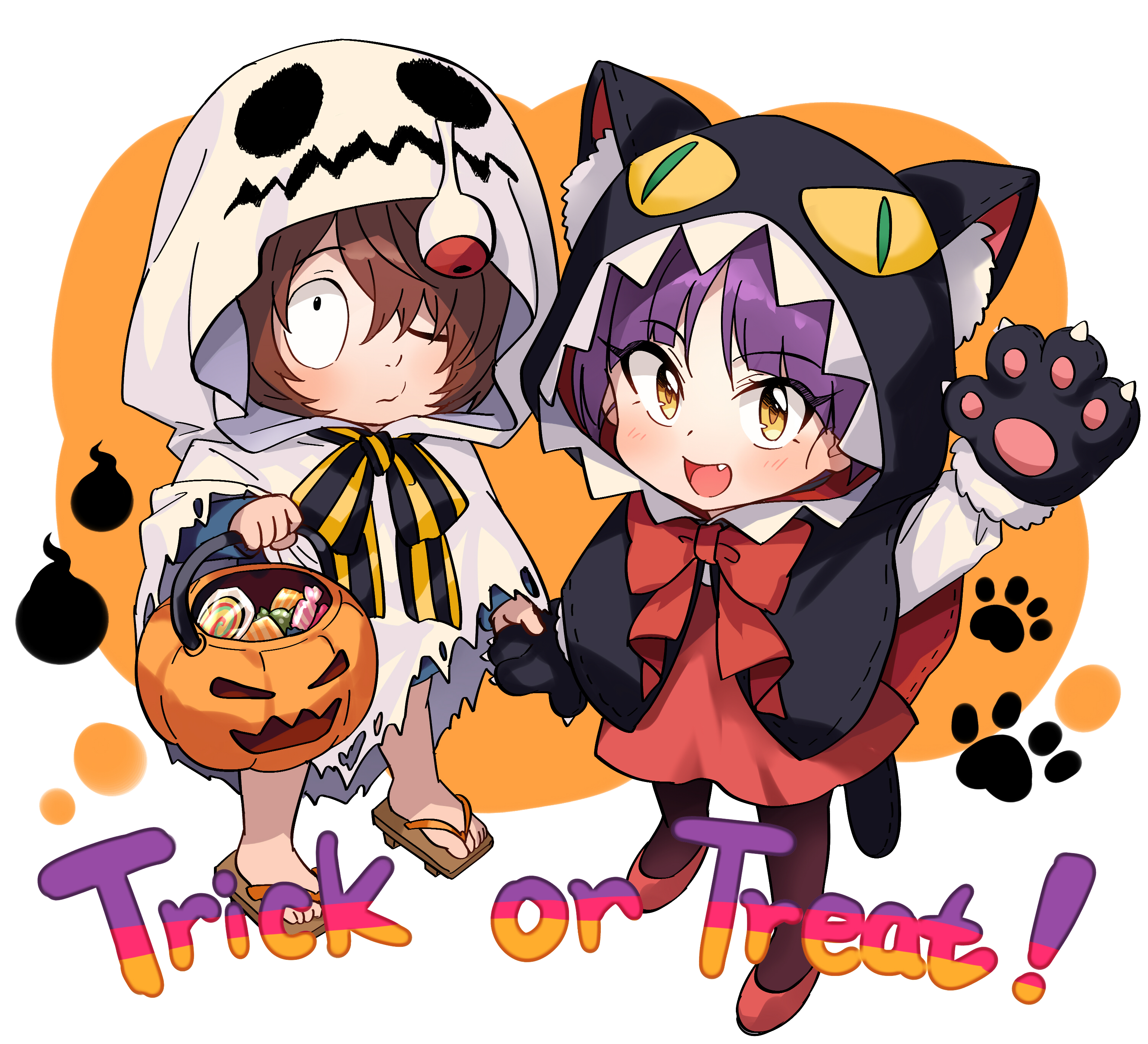 ._. 1boy 1girl absurdres aged_down alternate_costume animal_hands animal_hood brown_hair cat_hood cat_paws commentary_request english_text gegege_no_kitarou ghost_costume hair_over_one_eye halloween halloween_bucket halloween_costume highres holding_hands hood kitarou looking_at_viewer nekomusume nekomusume_(gegege_no_kitarou_6) one-eyed pantyhose purple_hair sandals short_hair silanduqiaocui smile yellow_eyes