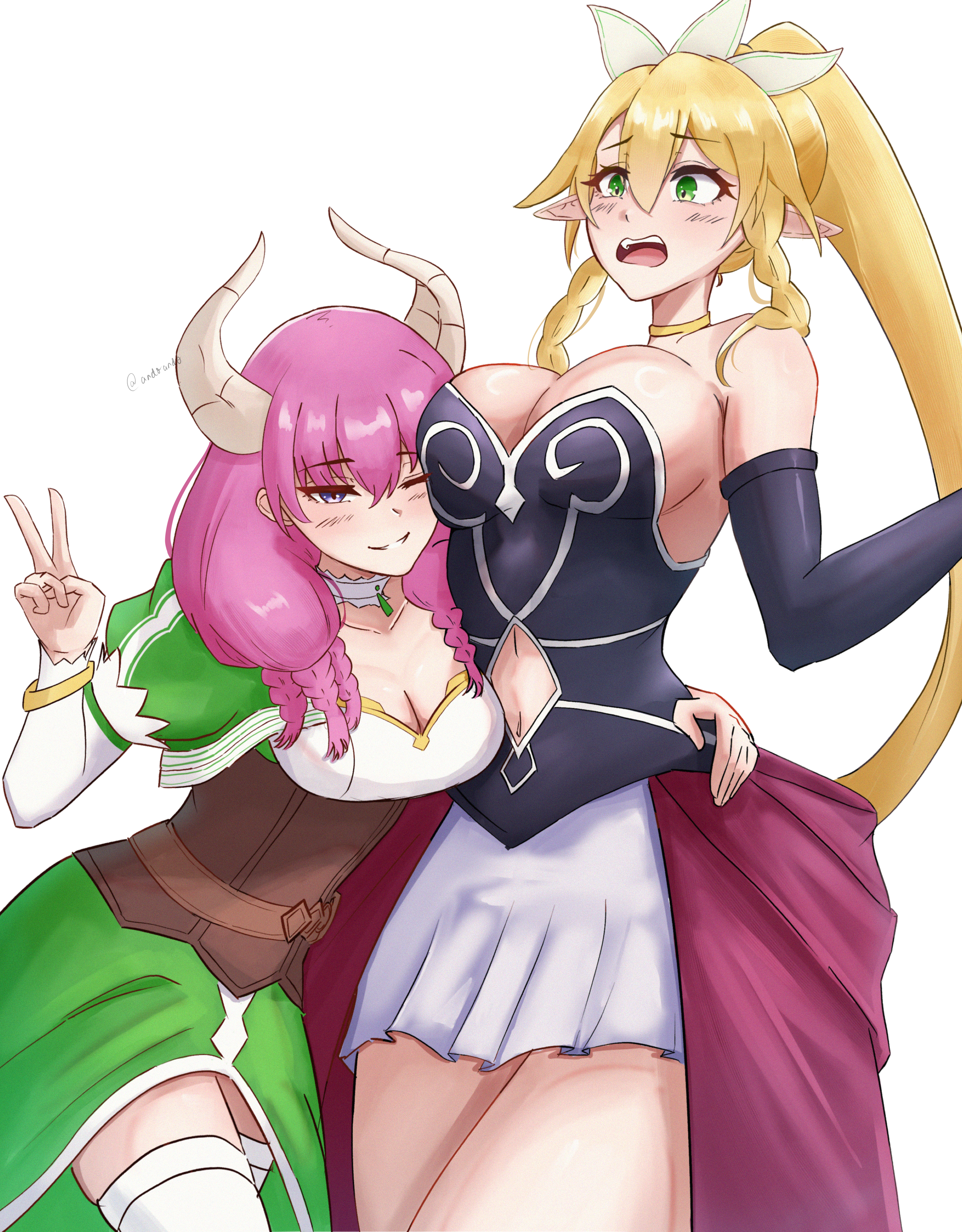 2girls absurdres and0ando artist_name aura_(sousou_no_frieren) bare_shoulders black_gloves black_leotard blonde_hair blush braid breasts brown_corset choker cleavage clothing_cutout collarbone commentary corset cosplay costume_switch cowboy_shot crossover demon_girl demon_horns dress elbow_gloves english_commentary eyelashes gloves gold_choker green_dress green_eyes hair_between_eyes high_ponytail highres horns hug large_breasts layered_skirt leafa_(sao) leotard long_hair long_sleeves medium_breasts miniskirt multiple_girls navel navel_cutout one_eye_closed open_mouth pink_hair pleated_skirt pointy_ears ponytail purple_eyes red_skirt simple_background skindentation skirt smile sousou_no_frieren standing strapless strapless_leotard sword_art_online teeth thick_thighs thighhighs thighs twin_braids twitter_username two-tone_dress upper_teeth_only v voice_actor_connection waist_hug white_background white_choker white_dress white_skirt white_thighhighs