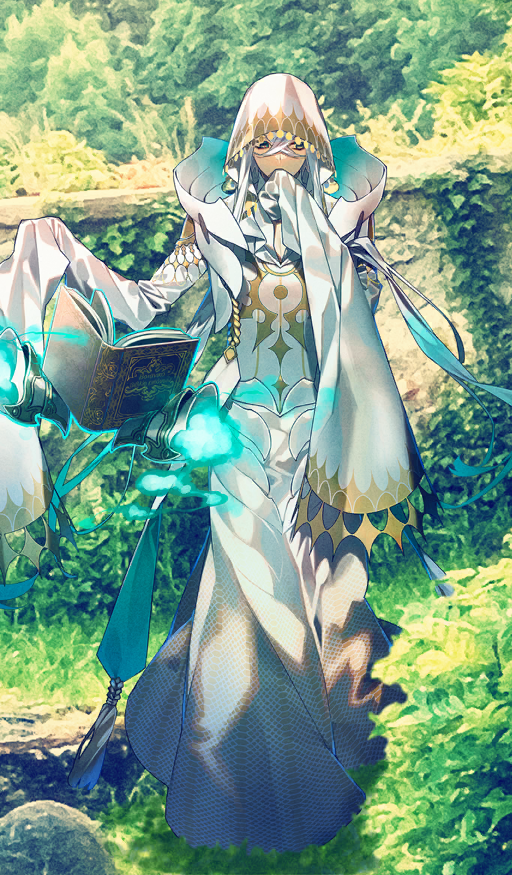 1boy aqua_hair asclepius_(fate) asclepius_(tour_outfit)_(fate) book commentary covered_mouth covering_own_mouth crossed_bangs day fate/grand_order fate_(series) floating floating_book floating_object full_body gradient_hair green_background green_eyes hand_over_own_mouth hood hood_up hooded_robe long_hair looking_to_the_side magic male_focus multicolored_hair nature official_art open_book outdoors pectoral_cleavage pectorals photo_background robe sidelocks sleeves_past_fingers sleeves_past_wrists snake_print solo standing sunlight teita_(88_taho) third-party_source very_long_hair white_hair white_hood white_robe wide_sleeves