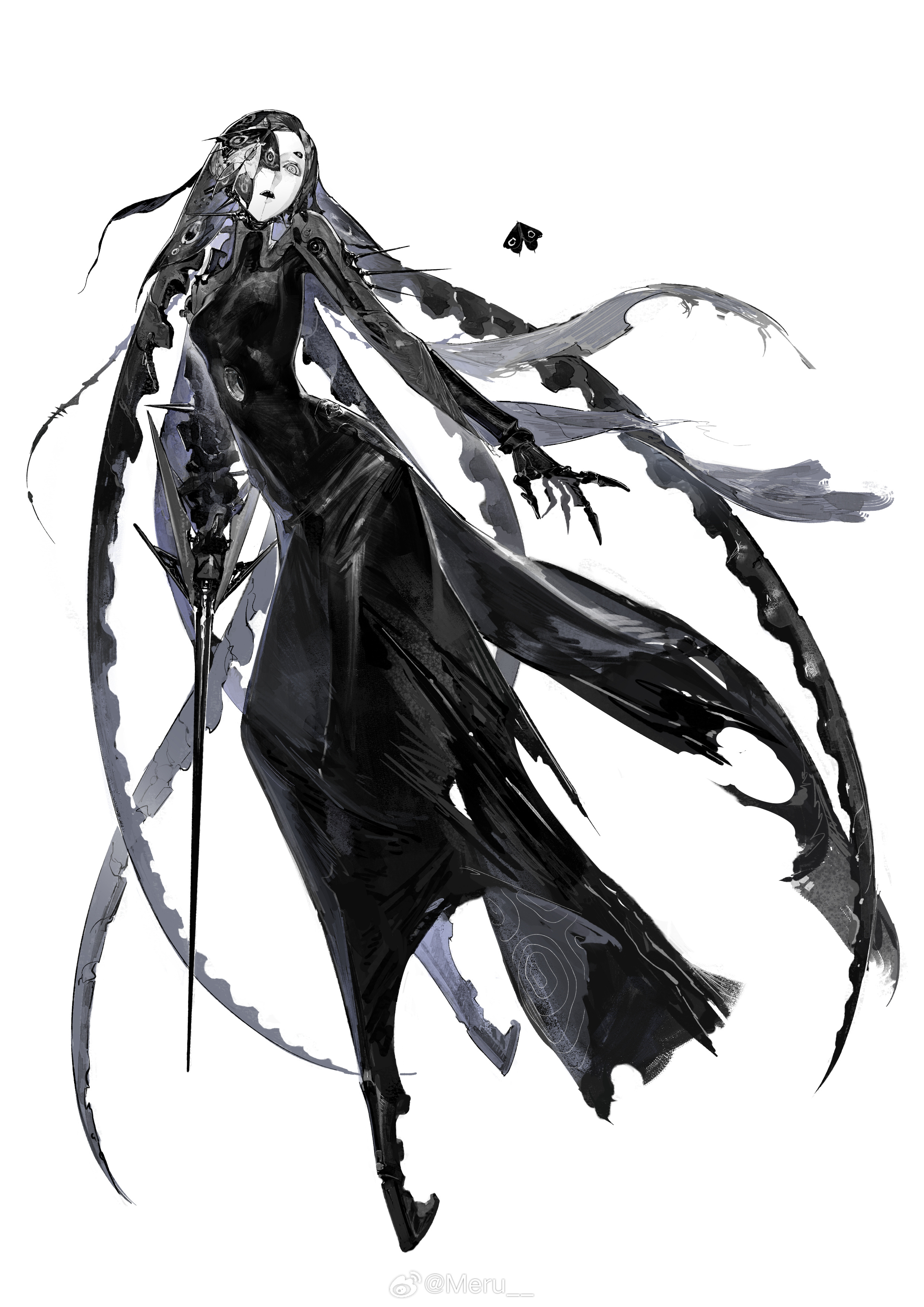 1girl absurdres android black_dress breasts bug chinese_commentary commentary dress exposed_internal_machinery forehead full_body highres hobble_dress hole_on_body insect insect_on_face long_dress long_hair looking_at_viewer looking_down mechanical_arms mechanical_hair meru02295238 mismatched_arms moth no_feet one_eye_covered open_mouth original pale_skin parted_bangs ringed_eyes sharp_teeth short_eyebrows simple_background small_breasts solo teeth torn_clothes torn_dress upper_teeth_only very_long_hair watermark weapon weibo_username weibo_watermark white_background