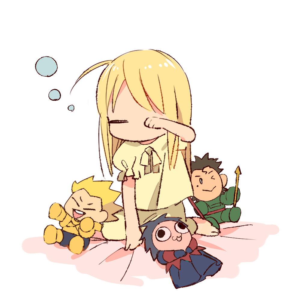 1girl aged_down ahoge artoria_pendragon_(fate) barefoot character_doll child closed_eyes commentary_request diarmuid_ua_duibhne_(fate) diarmuid_ua_duibhne_(lancer)_(fate) duck11_rp fate/zero fate_(series) gilgamesh_(fate) gilles_de_rais_(caster)_(fate) gilles_de_rais_(fate) hair_down pajamas polearm puffy_short_sleeves puffy_sleeves rubbing_eyes saber_(fate) short_sleeves solo spear waking_up weapon yellow_pajamas