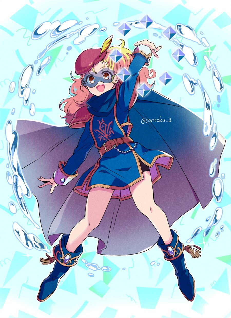 1girl armor belt black_shorts blonde_hair blue_background blue_boots blue_cape blue_mage_(final_fantasy) blue_tunic boots brown_eyes cape cuffs eye_mask final_fantasy final_fantasy_v full_body gem hand_up hat hat_feather highres krile_mayer_baldesion_(ff5) long_hair long_sleeves official_alternate_costume open_mouth sanroku_3 shorts shoulder_armor smile solo tunic water wavy_hair