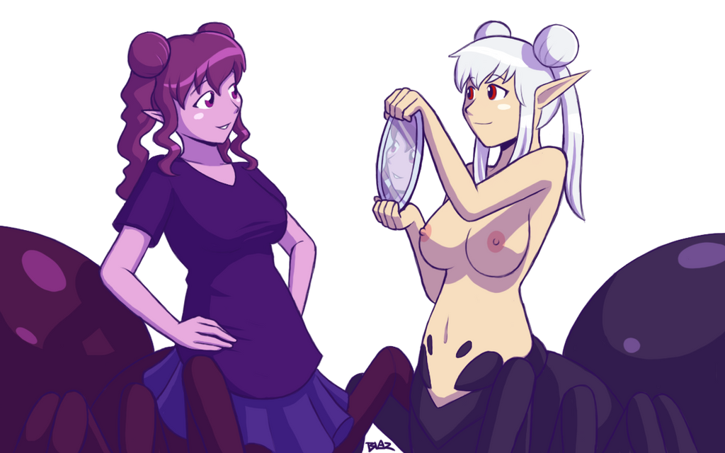 2girls blazbaros insect_girl mirror multiple_girls nipples nude oralia pointy_ears shirt siblings sisters skirt smile spider_girl twintails white_hair