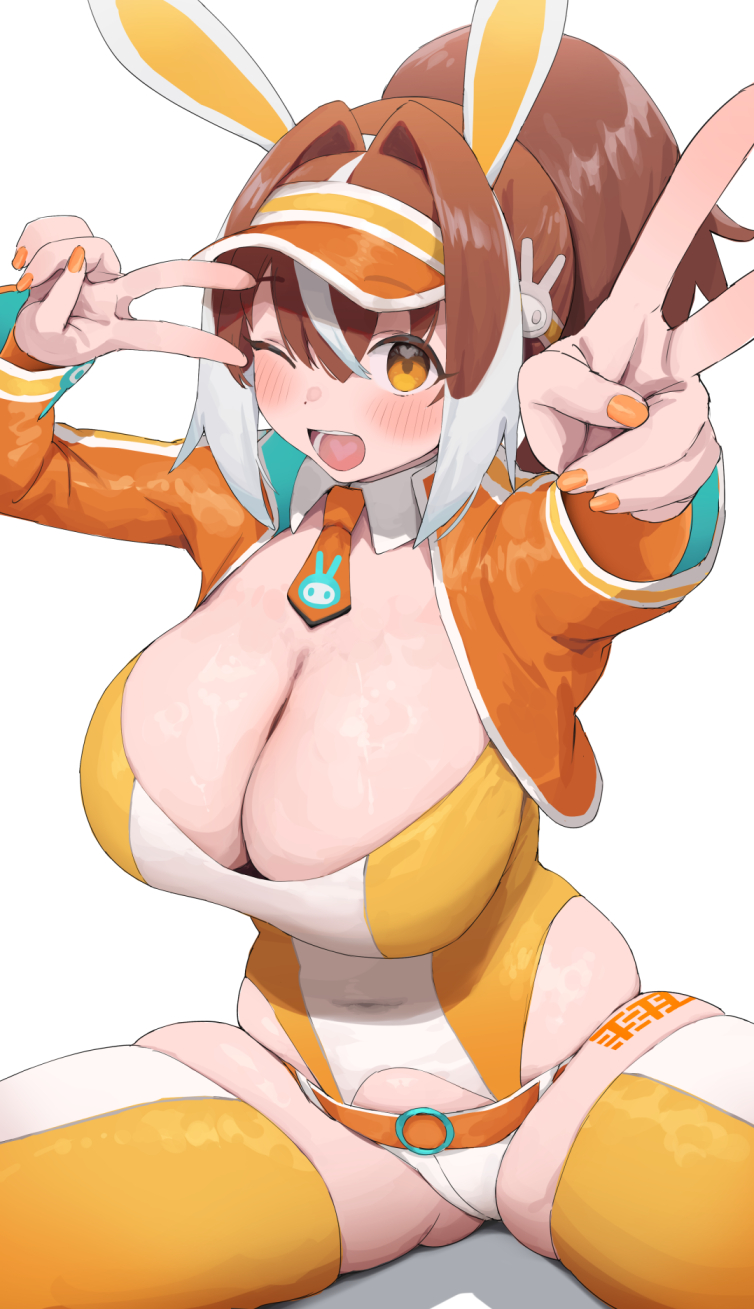 1girl applying_manicure breasts double_v highres large_breasts mahjong_fight_girl nail_polish nekoshoko one_eye_closed v yawaragi_hiyori