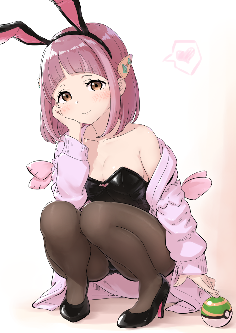1girl animal_ears arched_bangs black_footwear black_hairband black_leotard blush breasts brown_eyes brown_pantyhose cardigan cleavage closed_mouth collarbone commentary_request eyelashes full_body hair_ornament hairband hairclip head_rest heart high_heels lacey_(pokemon) leotard long_sleeves medium_breasts nest_ball nintendo off_shoulder open_cardigan open_clothes pantyhose pink_cardigan pokemon pokemon_sv rabbit_ears smile solo spoken_heart squatting wamu_(chartreuse)