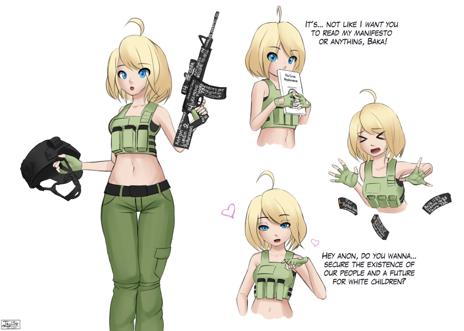 &gt;_&lt; 14 1girl :o ahoge ar-15 artist_name belt blonde_hair blue_eyes book brenton_tarrant commentary dojikko english_text fingerless_gloves gender_request genderswap gloves green_pants gun head_tilt heart helmet holding holding_book holding_weapon jay156 load_bearing_vest magazine_(weapon) midriff navel pants real_life rifle scope short_hair simple_background terrorist text_focus thigh_gap unworn_headwear unworn_helmet weapon white_background
