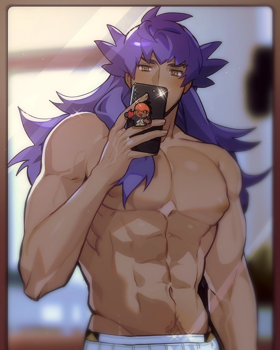 1boy bara brown_leggings chariko charm_(object) commentary dark-skinned_male dark_skin hand_up holding holding_phone leggings leggings_under_shorts leon_(pokemon) long_hair male_focus male_pubic_hair mirror multicolored_leggings navel nintendo nipples pectorals phone pokemon pokemon_swsh pubic_hair purple_hair raihan_(pokemon) selfie shirtless_male sparkle topless_female topless_male white_leggings yellow_eyes
