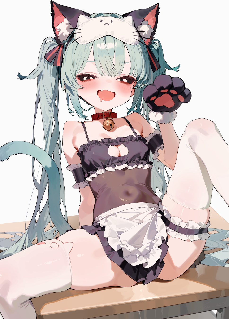 1girl animal_ears animal_hands ass bell belt_collar blue_hair bodystocking breasts cat_cutout cat_ears cat_girl cat_paws cat_tail cleavage cleavage_cutout clothing_cutout collar covered_navel desk drooling eye_mask fang frills hair_between_eyes hatsune_miku highres long_hair looking_at_viewer mimukauwa_nice_try_(vocaloid) neck_bell on_desk overlord_(overlord80000) sitting solo spread_legs stomach tail thigh_strap thighhighs thighs twintails vocaloid white_thighhighs