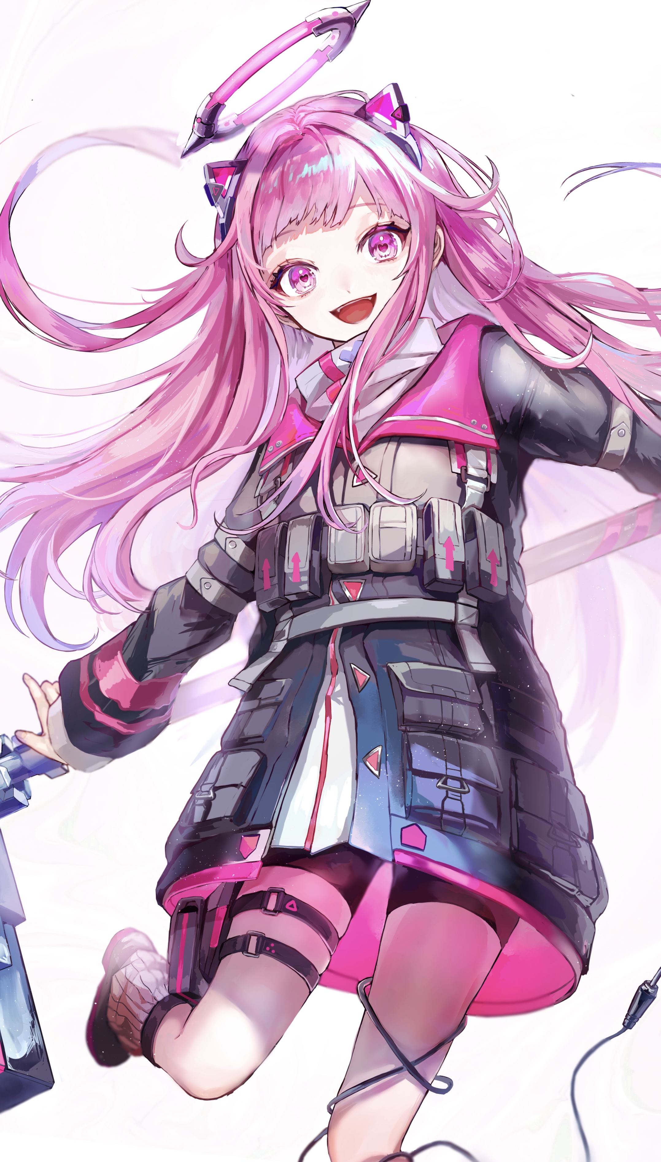 1girl :d absurdres animal_ears bike_shorts black_footwear black_jacket black_shorts cable close_game/offline_(project_sekai) commentary_request dot_nose fake_animal_ears floating_hair grey_leg_warmers hair_intakes halo hammer head_tilt heart heart-shaped_pupils highres holding holding_hammer jacket leg_up leg_warmers long_hair long_sleeves looking_at_viewer mechanical_halo o-ring o-ring_thigh_strap official_alternate_costume official_alternate_hair_length official_alternate_hairstyle ootori_emu open_mouth pink_eyes pink_hair pink_halo pipi_(pipinavigation) pouch project_sekai raised_eyebrows shirt shorts sidelocks skindentation smile solo symbol-shaped_pupils tactical_clothes teeth thick_eyelashes thigh_pouch thigh_strap upper_teeth_only very_long_hair white_background white_shirt