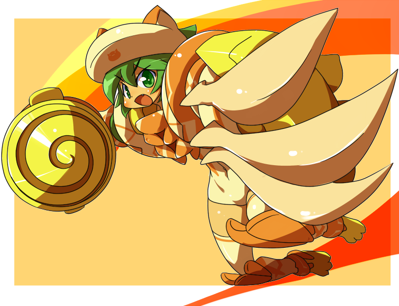 10s 1girl attack busou_shinki drill fang female_focus green_eyes green_hair hat kakikukeko maochao matching_hair/eyes solo thighhighs weapon
