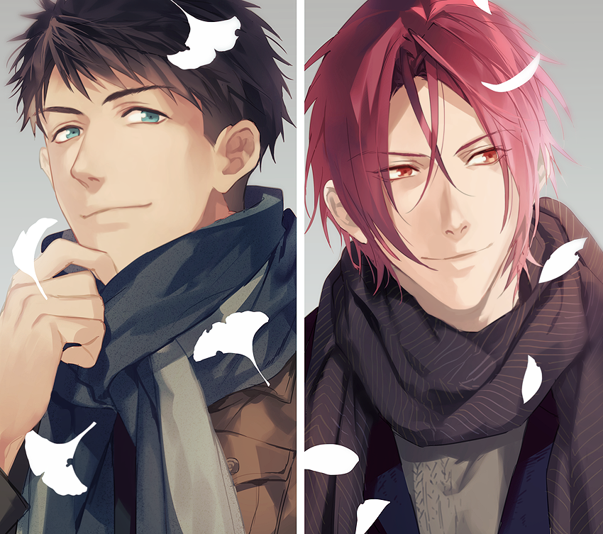 2boys aqua_eyes black_hair curtained_hair free! looking_at_viewer male_focus matsuoka_rin medium_hair multiple_boys okii_(oh_ki_ik) red_eyes red_hair short_hair yamazaki_sousuke yaoi