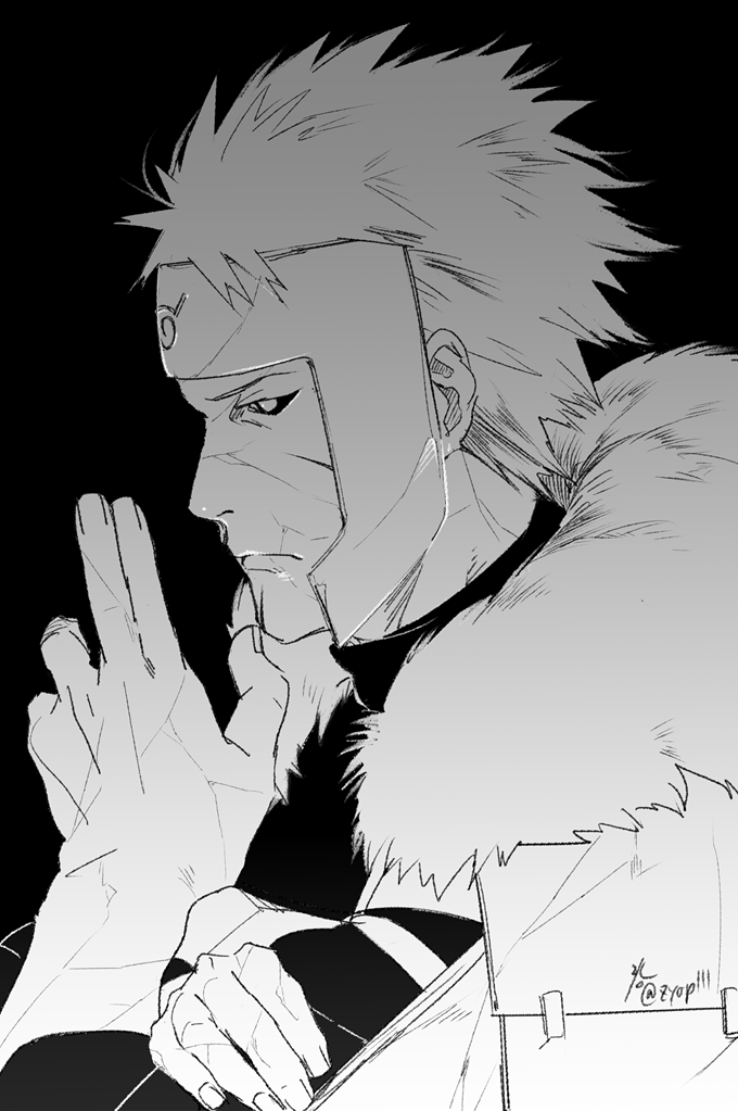 1boy armor black_background closed_mouth greyscale japanese_armor konohagakure_symbol male_focus monochrome naruto_(classic) naruto_(series) ninja senju_tobirama short_hair simple_background solo spiked_hair zifletts