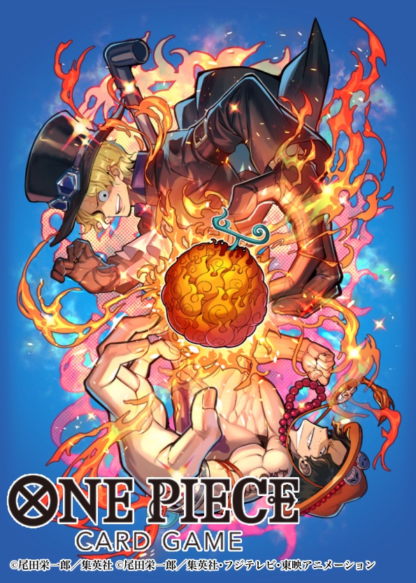 2boys arm_tattoo bashikou black_coat black_hair blonde_hair blue_background brown_gloves coat commentary_request copyright_name devil_fruit fire freckles gloves hat jewelry looking_at_viewer multiple_boys necklace official_art one_piece one_piece_card_game orange_hat pearl_necklace portgas_d._ace sabo_(one_piece) short_hair smile sparkle tattoo topless_male upper_body