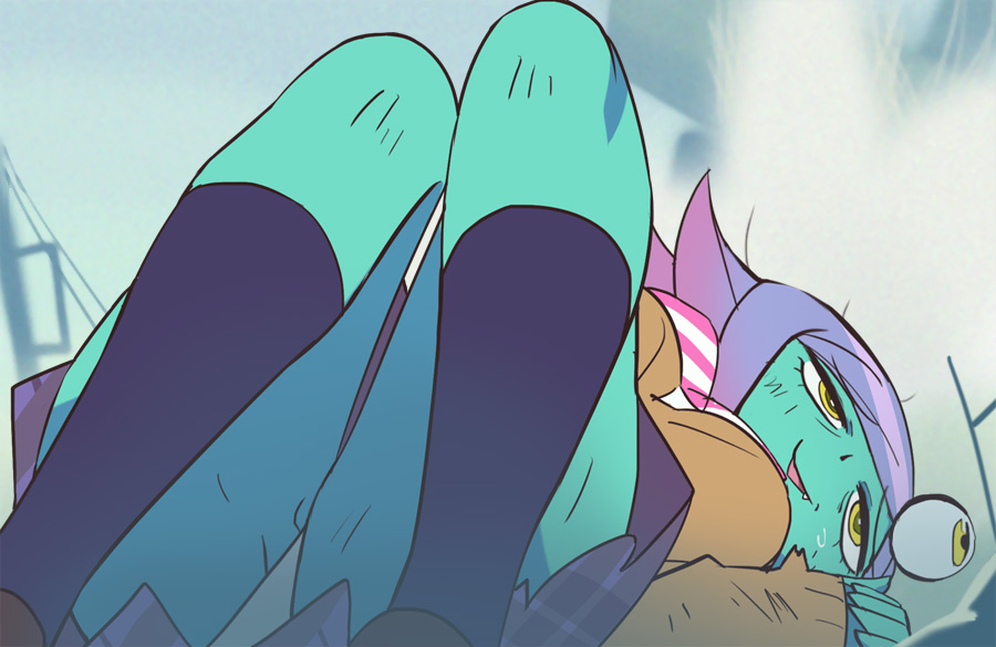 1girl aqua_skin black_socks bow bowtie breasts brown_cardigan bruise cardigan colored_skin diagonal-striped_bow diagonal-striped_bowtie diagonal-striped_clothes eyeball_hair_ornament fang full_body haruyama_kazunori head_rest head_tilt injury kneehighs loafers long_sleeves medium_breasts midori_(uchuu_patrol_luluco) miniskirt open_mouth panties pleated_skirt purple_hair purple_skirt school_uniform shoes skirt sleeves_past_wrists smile socks solo striped_clothes uchuu_patrol_luluco underwear white_panties yellow_eyes