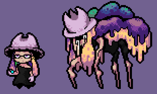 1girl black_dress blonde_hair domino_mask dress gloves grey_gloves grey_hat hat lisa_(series) lisa_the_painful mask monsterification multicolored_hair nintendo pixel_art purple_background purple_eyes purple_hair simple_background solo splatoon_(series) splatoon_3 tentacle_hair vivalich wide_shot yoko_(splatoon)