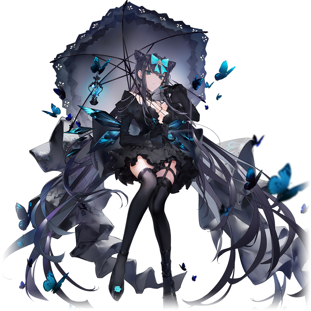 1girl arcaea black_dress black_gloves black_hair black_shoes black_thighhighs blue_bow blue_butterfly blue_eyes bow breasts bug butterfly cierra_(ra-bit) closed_mouth cone_hair_bun double_bun dress full_body game_cg garter_straps gloves grey_umbrella hair_bow hair_bun hand_up highres holding holding_umbrella insect juliet_sleeves lantern long_hair long_sleeves looking_at_viewer official_art puffy_sleeves shoes short_dress single_garter_strap small_breasts solo tairitsu_(arcaea) tairitsu_(tempest)_(arcaea) thighhighs third-party_source transparent_background umbrella very_long_hair
