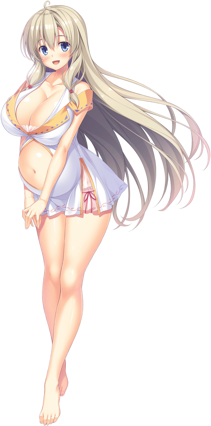 1girl :d ahoge anna_heiritte barefoot big_belly blonde_hair blue_eyes blush breasts cleavage clothing_cutout full_body game_cg highres hinata_nao large_breasts long_hair looking_at_viewer low-tied_sidelocks maternity_dress navel non-web_source official_art open_mouth own_hands_together pregnant sex_open_world_e_youkoso! sidelocks smile solo stomach_cutout transparent_background