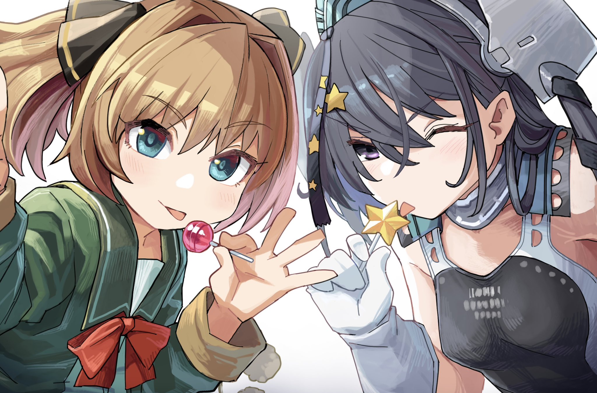 1girl aqua_hat black_one-piece_swimsuit black_ribbon blue_eyes breasts brown_hair competition_swimsuit garrison_cap gloves green_jacket green_sailor_collar grey_eyes grey_hair hachijou_(kancolle) hair_ornament hair_ribbon hat highres jacket kantai_collection long_hair long_sleeves looking_at_viewer mizoki_kei neck_ribbon one-piece_swimsuit red_ribbon ribbon sailor_collar scamp_(kancolle) school_uniform serafuku short_hair side_ponytail small_breasts solo star_(symbol) star_hair_ornament swimsuit tongue tongue_out upper_body white_gloves