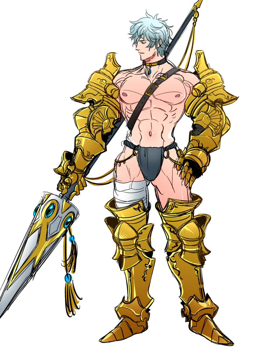 1boy abs armor armored_boots blue_hair boots highres lance male_focus polearm revealing_clothes simple_background solo tanotsuku_daisuke thighs topless_male weapon white_background