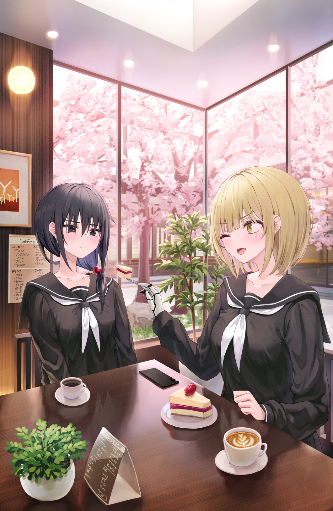 2girls :d ameno_hitsuka amputee beads black_eyes black_hair black_sailor_collar black_serafuku blonde_hair blunt_bangs breasts cake cellphone chair cherry_blossoms closed_mouth coffee coffee_mug collarbone commentary_request cup dessert feeding food fork hair_beads hair_ornament hair_over_eyes hair_over_shoulder highres holding holding_fork indoors kamioka_senri looking_at_another mechanical_arms medium_breasts medium_hair menu mixed-language_text mug multiple_girls neckerchief open_mouth original phone piripun plant plate potted_plant rock sailor_collar school_uniform serafuku short_hair single_mechanical_arm sitting small_breasts smartphone smile strawberry_shortcake sunlight table tree v-shaped_eyebrows white_neckerchief yellow_eyes