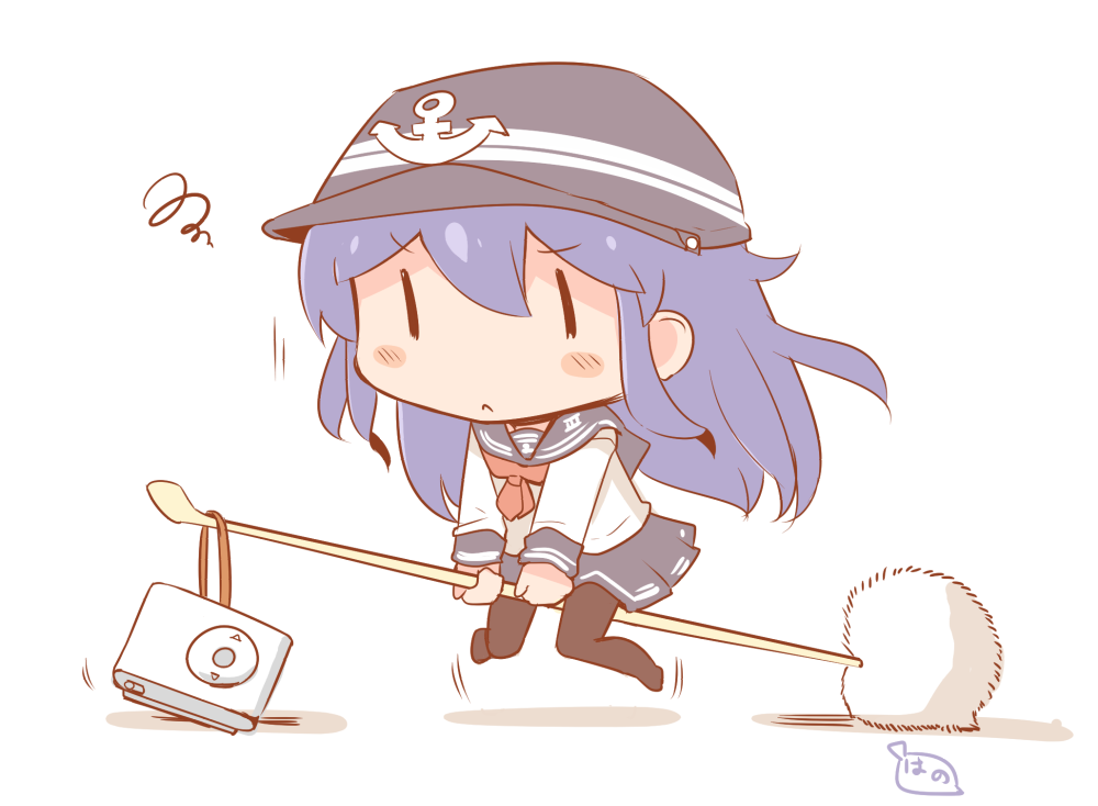 10s 1980s_(style) 1girl :&lt; akatsuki_(kancolle) anchor_symbol blush_stickers commentary_request digital_media_player female_focus flat_cap hanomido hat ipod ipod_shuffle kantai_collection long_hair majo_no_takkyuubin mimikaki mini_person minigirl neckerchief oldschool pantyhose purple_hair red_neckerchief retro_artstyle riding school_uniform serafuku skirt solid_eyes solo triangle_mouth |_|