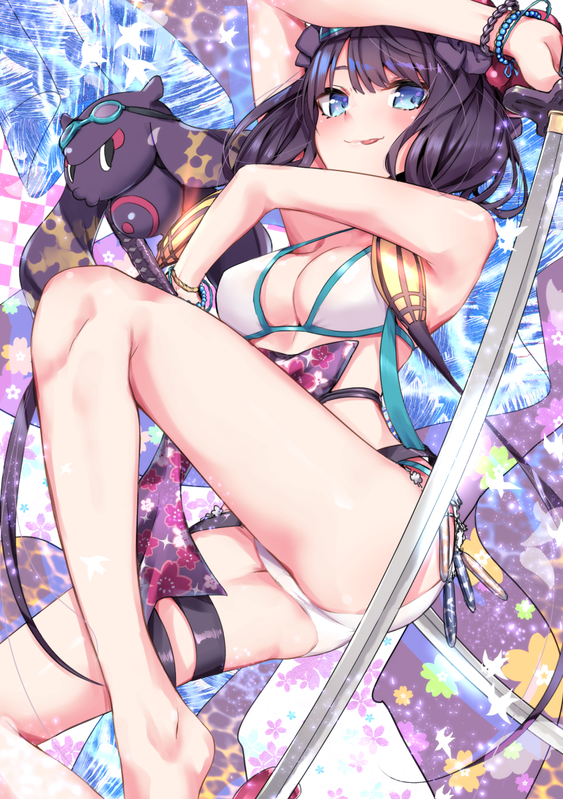 1girl arm_up bare_shoulders barefoot bead_bracelet beads bikini blue_eyes blush bracelet breasts cleavage commentary_request eyewear_on_head fate/grand_order fate_(series) holding holding_sword holding_weapon jewelry katsushika_hokusai_(fate) legs looking_at_viewer medium_breasts octopus purple_hair sahara386 smile solo_focus swimsuit sword thighs tokitarou_(fate) tongue tongue_out weapon white_bikini