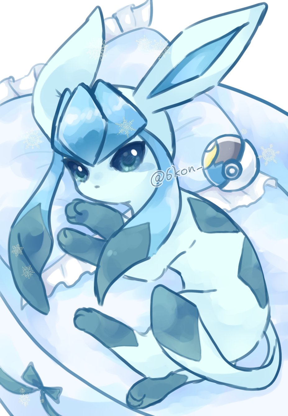 bed blue_eyes blue_hair closed_mouth erminetail gen_4_pokemon glaceon highres lying moon_ball nintendo pillow poke_ball poke_ball_(basic) pokemon pokemon_(creature) sidelocks snowflakes