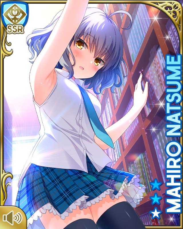 1girl ahoge arm_up armpit_crease black_thighhighs blue_shirt book bookcase brown_eyes card_(medium) day female_focus frilled_skirt frills girlfriend_(kari) grey_hair indoors natsume_mahiro official_art open_mouth orange_eyes plaid_clothes plaid_skirt pleated_skirt qp:flapper school_uniform shirt short_hair shy skirt sleeveless solo standing thighhighs wavy_hair