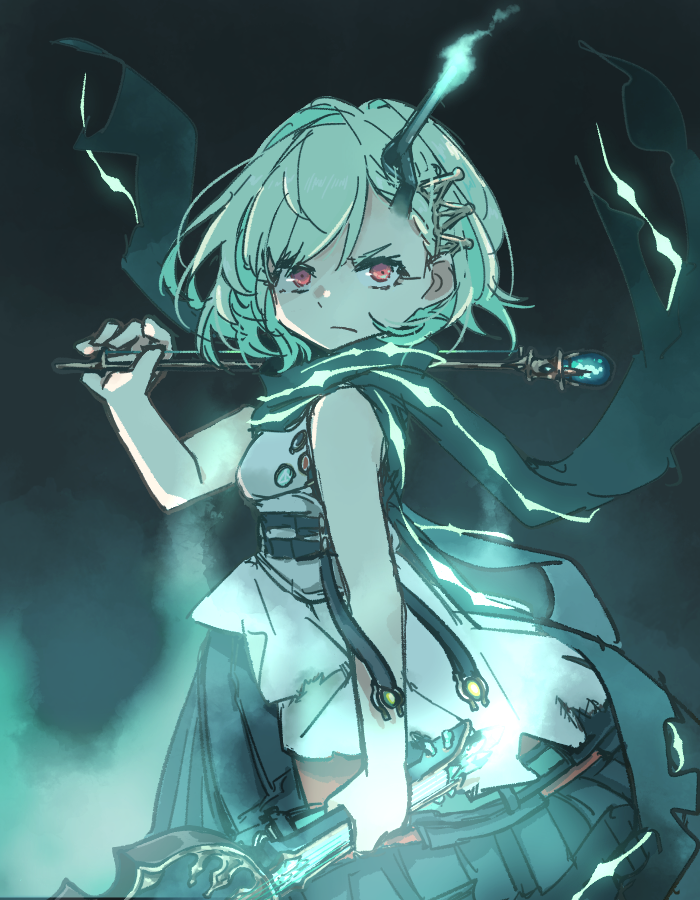 1girl angry buckle closed_mouth dress glowing green_hair hair_ornament hairclip holding holding_instrument holding_violin instrument ishikoro1645 little_match_girl_(sinoalice) looking_at_viewer red_eyes scarf short_hair sinoalice sketch solo violin