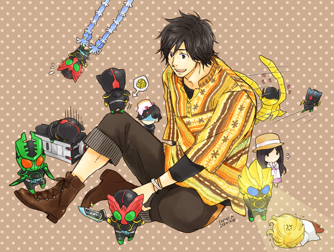 1girl 6+boys alternate_form angry animification ankh_(ooo) bad_id bad_pixiv_id black_eyes black_hair blonde_hair boots bracelet cake chibi dress eye_beam food gatakiriba_(ooo_combo) hat heart hino_eiji inagi izumi_hina izumi_shingo jewelry kamen_rider kamen_rider_ooo kamen_rider_ooo_(series) kamen_rider_w looking_at_another luna_dopant male_focus medal multiple_boys multiple_persona open_mouth polka_dot polka_dot_background putotyra_(ooo_combo) ratoratah_(ooo_combo) shaded_face shauta_(ooo_combo) shoes sitting sword tajador_(ooo_combo) tatoba_(ooo_combo) undershirt weapon