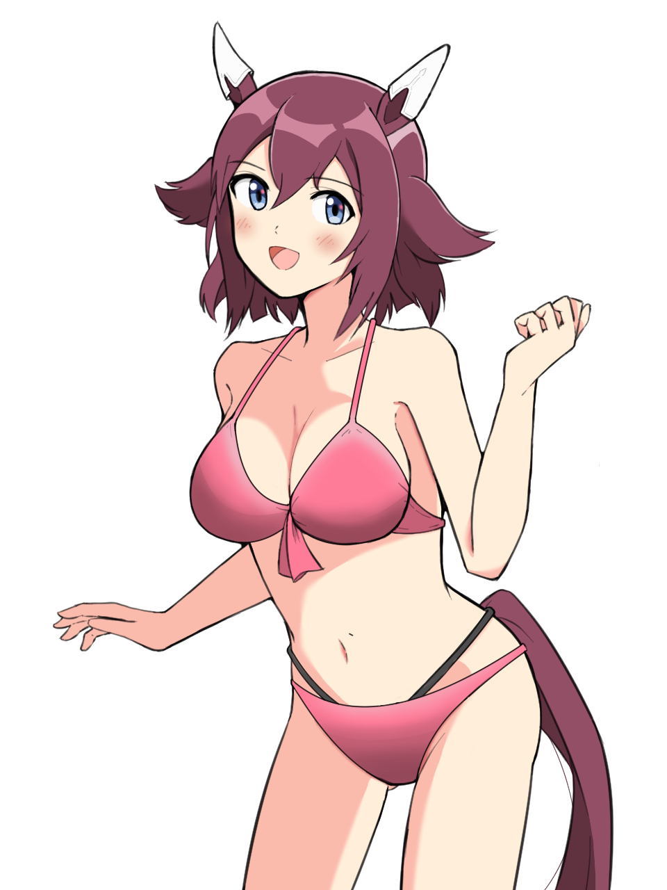 1girl animal_ears bikini blue_eyes breasts brown_hair cleavage cowboy_shot dao_ne-ii39ra42k-3-7 ear_covers front-tie_bikini_top front-tie_top hair_between_eyes hair_flaps highres horse_ears horse_girl horse_tail layered_bikini looking_at_viewer medium_breasts multi-strapped_bikini_bottom pink_bikini sakura_chiyono_o_(umamusume) short_hair simple_background solo swimsuit tail umamusume white_background
