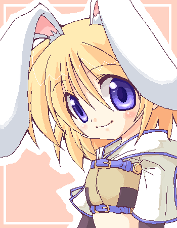 1girl 2000s_(style) animal_ears blonde_hair blue_eyes blush brown_shirt closed_mouth commentary_request cropped_jacket hunter_(ragnarok_online) jacket looking_at_viewer lowres oekaki pink_background rabbit_ears rabbit_girl ragnarok_online shirokuro_(lapinnoir) shirt short_hair short_sleeves smile solo upper_body white_jacket