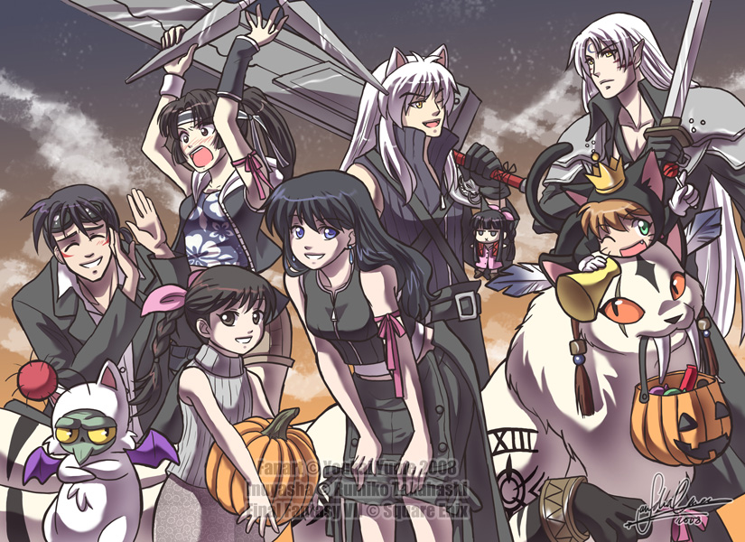 3girls 5boys aerith_gainsborough aerith_gainsborough_(cosplay) angry animal_ears arm_ribbon armor arms_up asymmetrical_sleeves black_coat black_eyes black_gloves black_hair black_jacket black_shirt black_skirt black_suit black_vest blue_eyes blue_shirt blush braid brown_eyes brown_shorts cait_sith_(final_fantasy) cait_sith_(final_fantasy)_(cosplay) candy cat chest_strap child closed_eyes cloud cloud_strife cloud_strife_(cosplay) cloudy_sky coat collarbone colored_sclera colored_skin commentary cosplay crescent crop_top crossed_arms crown dated dog_ears dress dress_shirt earrings english_commentary facial_mark fake_animal_ears fangs final_fantasy final_fantasy_vii final_fantasy_vii_advent_children floral_print food forehead_mark formal_clothes gloves goggles goggles_on_head green_skin grey_skirt grey_sweater grin hair_ribbon halloween halloween_bucket hand_up hands_on_own_knees hands_up happy higurashi_kagome holding holding_candy holding_food holding_lollipop holding_megaphone holding_pumpkin holding_shuriken holding_sword holding_vegetable holding_weapon hood hood_down hooded_jacket huge_weapon inuyasha inuyasha_(character) jacket jaken jewelry katana kikyou_(inuyasha) kirara_(inuyasha) leaning_forward lollipop long_hair looking_at_another low_ponytail marlene_wallace marlene_wallace_(cosplay) megaphone miroku_(inuyasha) moogle moogle_(cosplay) multicolored_fur multiple_boys multiple_girls nervous_smile nose_blush one_eye_closed open_clothes open_jacket open_mouth orange_sclera outdoors over_shoulder pauldrons pink_dress pink_ribbon ponytail pumpkin red_jacket red_xiii red_xiii_(cosplay) reno_(ff7) reno_(ff7)_(cosplay) ribbon rin_(inuyasha) roman_numeral sandra_chiem sango_(inuyasha) sephiroth sephiroth_(cosplay) sesshoumaru shippou_(inuyasha) shirt short_hair shorts shoulder_armor shoulder_strap shouting shuriken sidelocks signature single_braid single_pauldron skirt sky sleeveless sleeveless_jacket sleeveless_sweater sleeveless_turtleneck smile standing suit sweater sword tattoo tifa_lockhart tifa_lockhart_(cosplay) turtleneck turtleneck_sweater twilight vegetable vest waist_cape weapon weapon_over_shoulder white_gloves white_hair white_shirt wing_collar yellow_eyes yellow_sclera yuffie_kisaragi yuffie_kisaragi_(cosplay) zipper