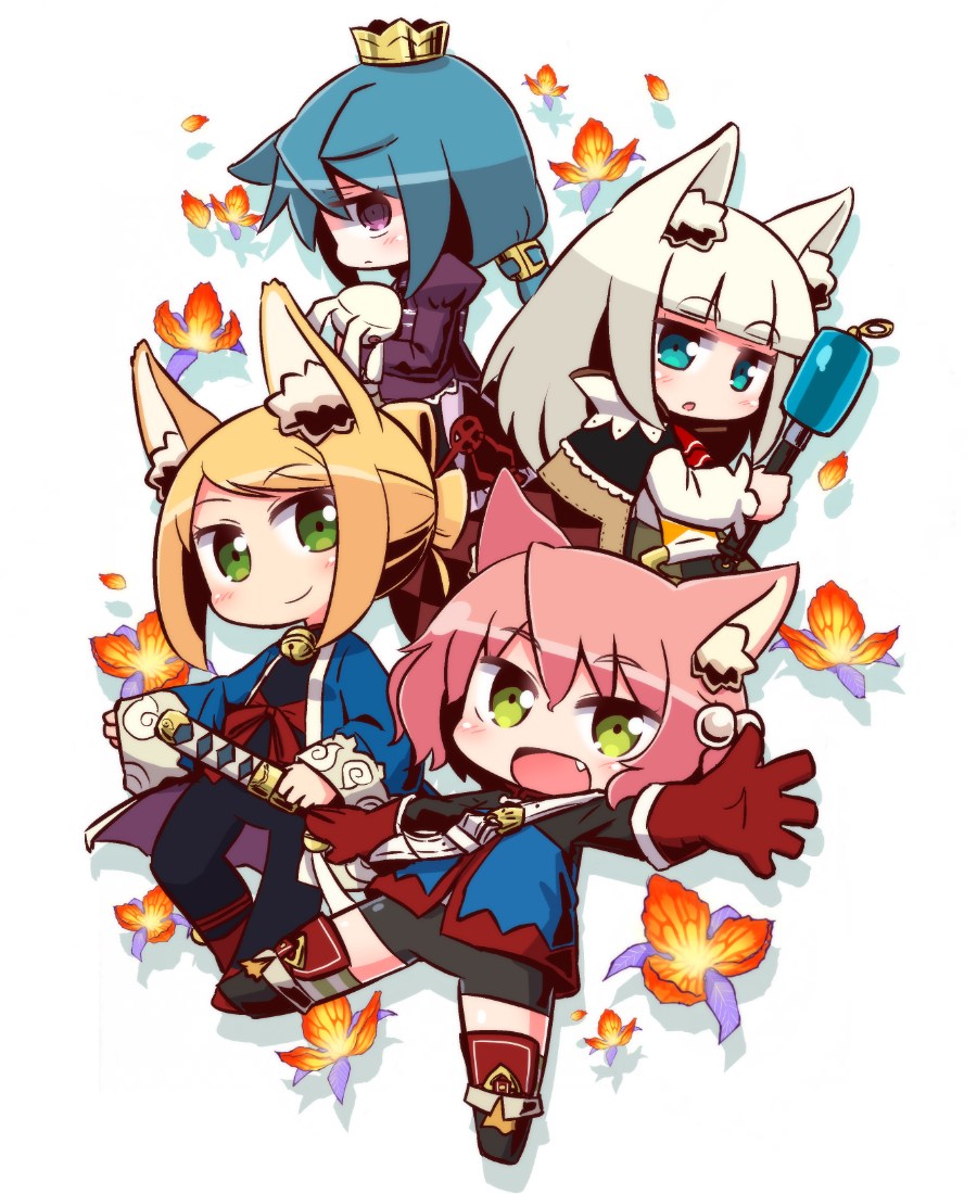 4girls 7th_dragon 7th_dragon_(series) :d :o animal_ear_fluff animal_ears argyle bell belt belt_buckle bike_shorts black_bodysuit black_footwear black_shorts blonde_hair blue_eyes blue_hair blue_jacket blunt_bangs blush bodysuit boots buckle cat_ears closed_mouth crown fang fighter_(7th_dragon) floro_(7th_dragon) flower fox_ears gloves green_eyes grey_hair hair_between_eyes hair_bobbles hair_ornament haori harukara_(7th_dragon) head_tilt holding ikurakun_(7th_dragon) jacket japanese_clothes jingle_bell juliet_sleeves katana knee_boots long_hair long_sleeves low_twintails mage_(7th_dragon) mini_crown momomeno_(7th_dragon) multiple_girls naga_u namuna_(7th_dragon) one_side_up open_mouth orange_flower parted_lips petals pink_hair princess_(7th_dragon) puffy_sleeves purple_eyes purple_shirt red_footwear red_gloves samurai_(7th_dragon) shirt short_shorts shorts sidelocks sleeves_past_wrists smile striped_clothes striped_legwear striped_thighhighs stuffed_animal stuffed_rabbit stuffed_toy sword thighhighs thighhighs_under_boots twintails very_long_hair weapon white_background white_belt white_shirt wide_sleeves