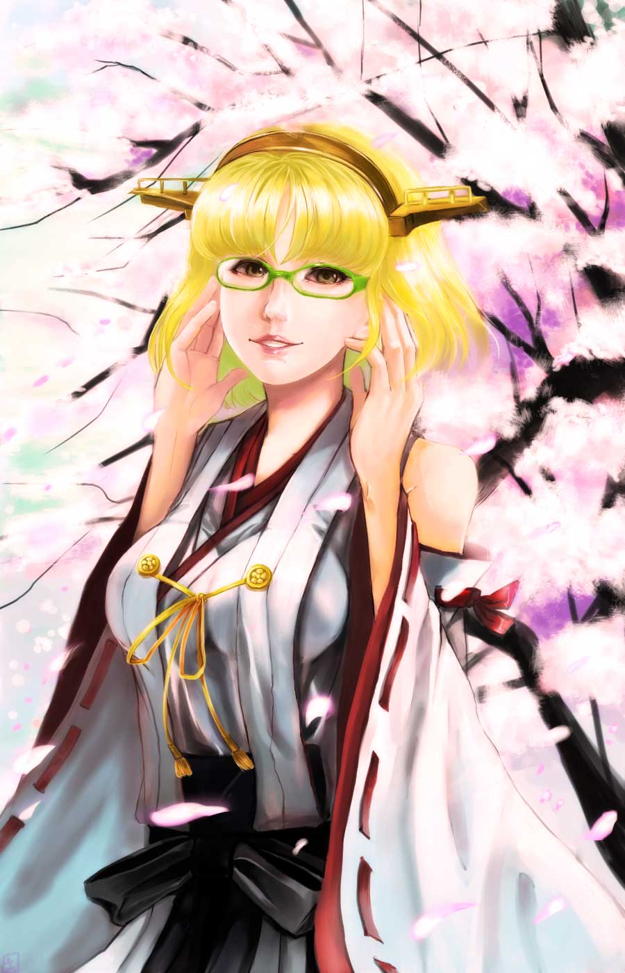 1girl bare_shoulders blonde_hair cherry_blossoms cosplay detached_sleeves female_focus glasses headgear highres japanese_clothes kantai_collection kirishima_(kancolle) kirishima_(kancolle)_(cosplay) maro4 mugetsu_(touhou) nontraditional_miko realistic short_hair smile solo touhou touhou_(pc-98) yellow_eyes