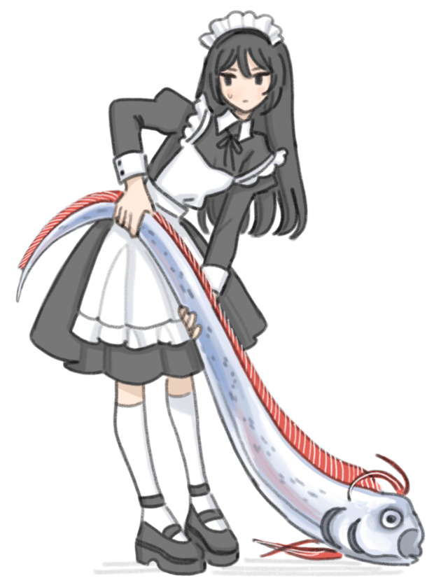 1girl fish holding_animal holding_fish maid mikufanclub oarfish