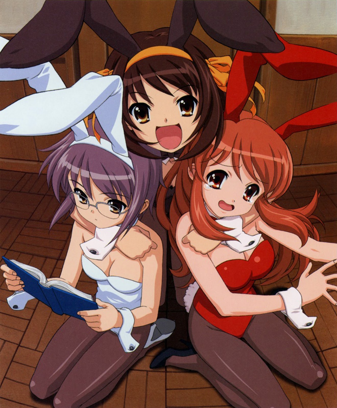 3girls animal_ears arms_around_another's_neck asahina_mikuru black_shoes book breasts brown_hair cleavage detached_collar detached_sleeves embarrassed fake_animal_ears glasses high_heels highres ikeda_shouko legs leotard looking_at_viewer multiple_girls nagato_yuki official_art open_mouth orange_hair pantyhose playboy_bunny purple_hair reading shoes suzumiya_haruhi suzumiya_haruhi_no_yuuutsu tears white_shoes