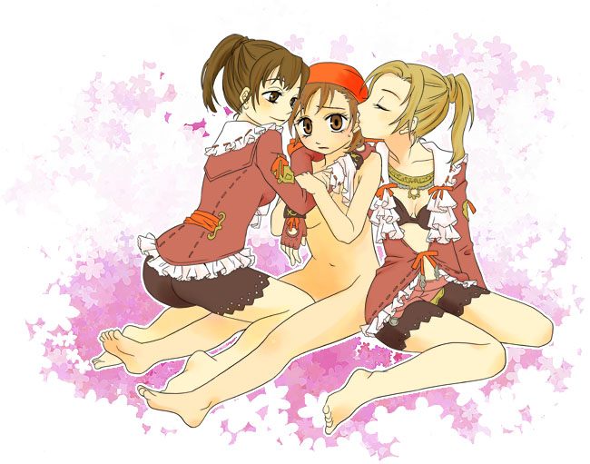00s 3girls barefoot blonde_hair brown_eyes brown_hair corsair corsair_(final_fantasy) final_fantasy final_fantasy_xi hume multiple_girls nude ponytail puipui yuri