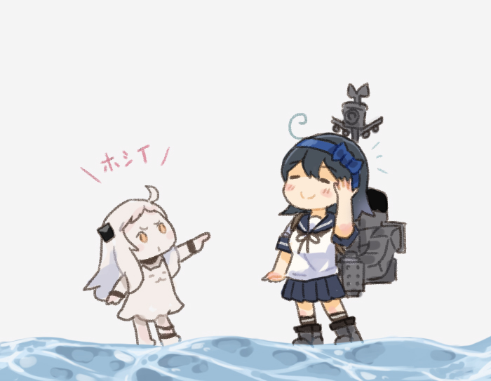 2girls abyssal_ship ahoge blue_hairband blue_sailor_collar blue_skirt bow closed_eyes colored_skin dress hair_bow hairband kantai_collection long_hair machinery multiple_girls northern_little_sister orange_eyes pleated_skirt pointing saiguchi_otoufu sailor_collar school_uniform serafuku simple_background skirt smile standing ushio_(kancolle) water white_background white_dress white_hair white_skin