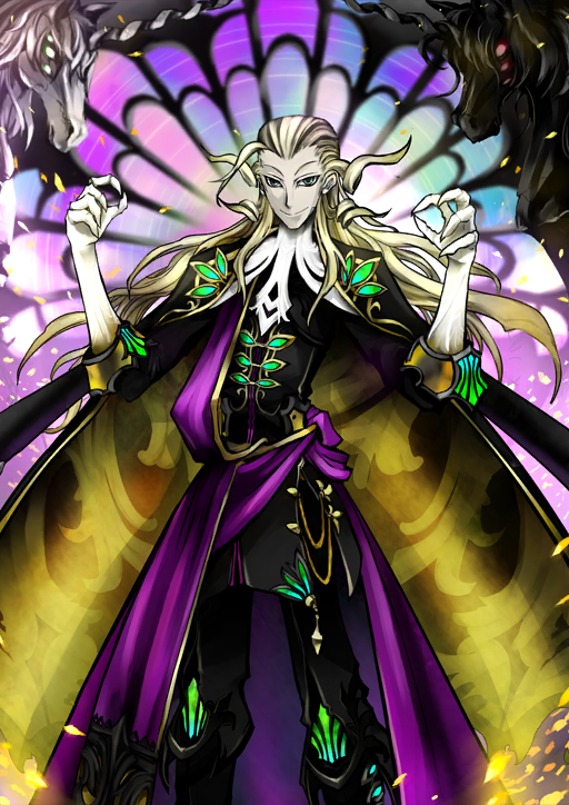 1boy black_cape black_jacket black_pants blonde_hair cape closed_mouth fate/grand_order fate_(series) feet_out_of_frame gloves green_eyes grey_eyes hair_slicked_back hands_up heterochromia jacket legs_apart long_hair looking_at_viewer male_focus official_art pants pfalz purple_sash revision sash smile solo stained_glass standing third-party_source three-quarter_sleeves variant_set white_gloves wolfgang_amadeus_mozart_(fate)